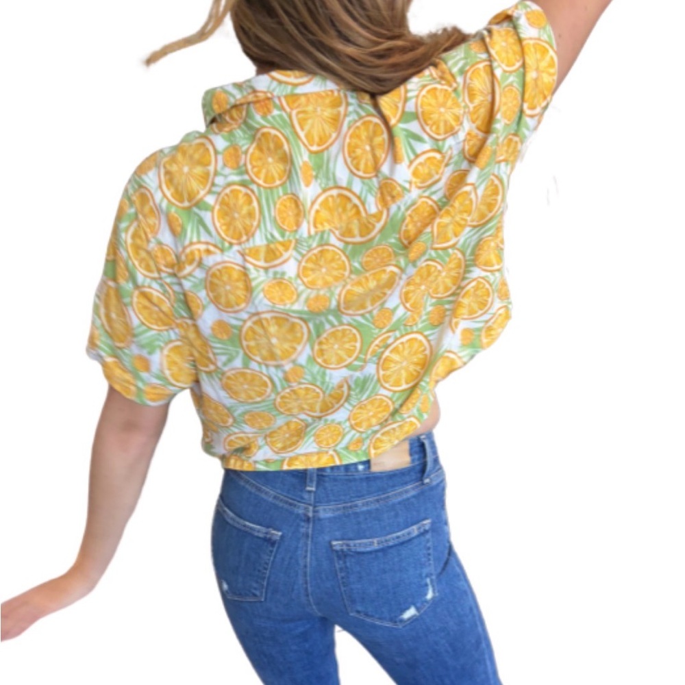 ASOS Orange Citrus Button Up Shirt Medium Linen Blend Summer Tropical Top - Picture 3 of 8